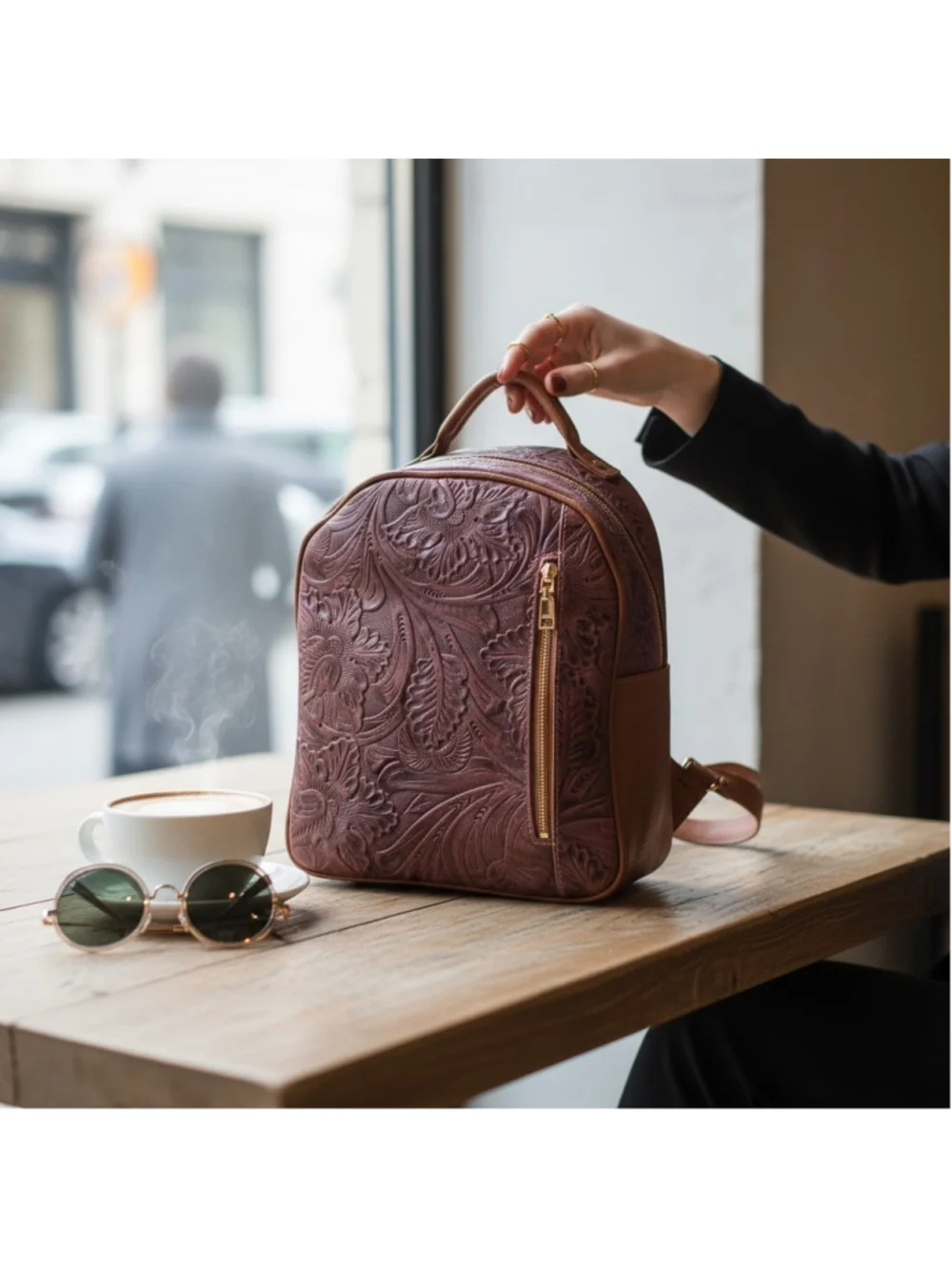 Burgundy Purple Wine Floral Embossed Tooled LEATHER Artisan Mexican Backpack Bag